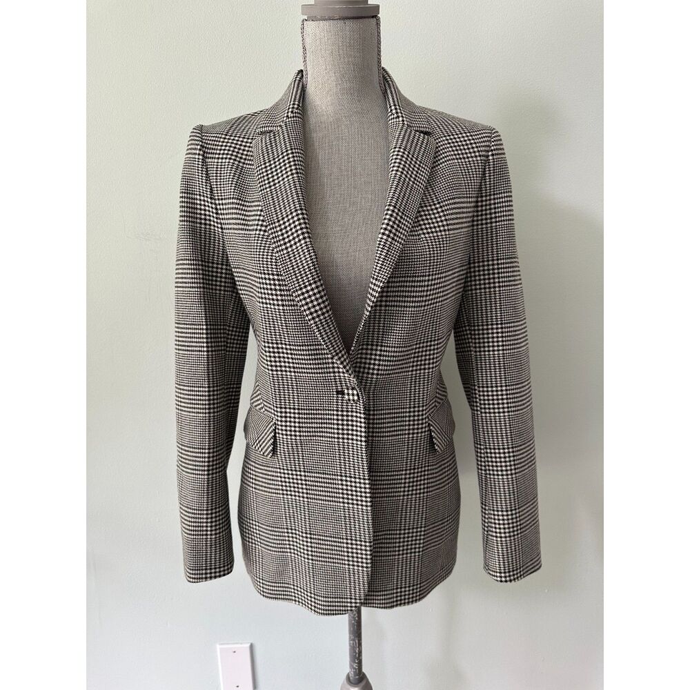 Alice + Olivia Houndstooth Blazer Size 8 Black White Classic Jacket Wool Blend